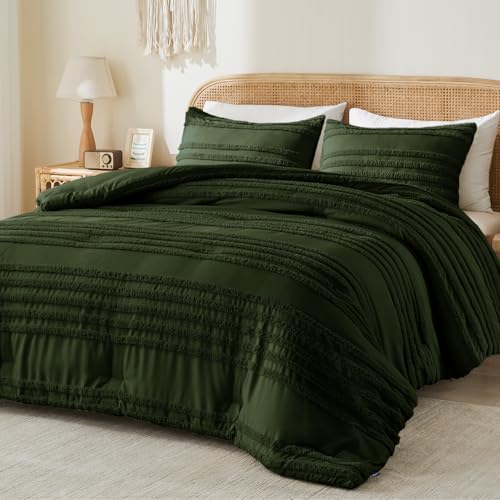 Image of BEDELITE Boho Comforter Set Queen Size, Olive Green Tufted Striped Bed Set 3 Pieces, Soft Vintage Farmhouse Comforter for All Seasons, Boho Home Decor,Fluffy Jacquard Bedding with 2 Pillow Shams