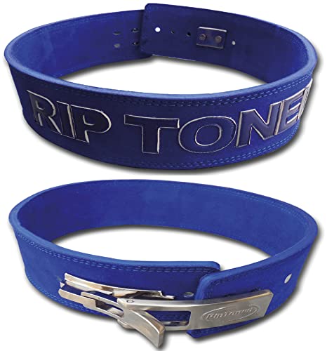 Weight Lifting Belt by Rip Toned - 10mm 4-Inch Leather Lever Belt - Bonus Lifting Straps for Men & Women - Back Support for Weightlifting, Powerlifting, Bodybuilding (Blue, XL)
