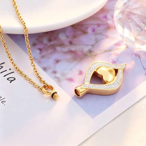 SIYUU Eye Cremation Jewelry for Ashes Pendant Crystal Teardrop Heart Cremation Urn Necklace Memorial Keepsake Jewelry for Women Gift (Gold) by SIYUU - Used condition - Image 3