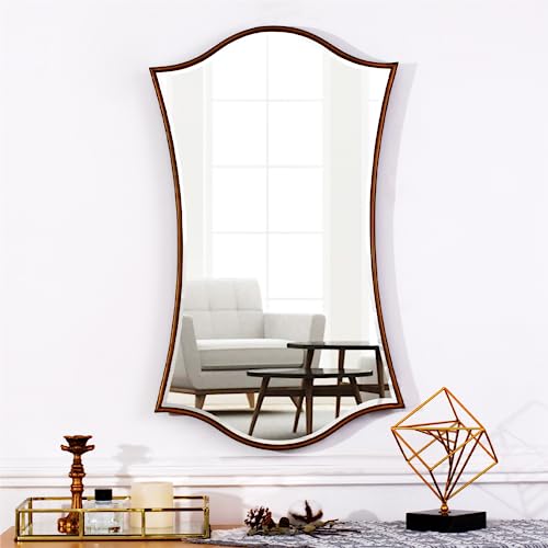 Shyfoy Asymmetrical Wall Mirror Antique Decorative Mirrors Living Room Decor, Traditional Vintage Mirrors Scalloped Edge Wood Frame, Long 18" L X 31" W #TOP16