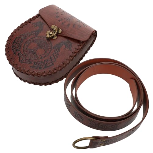 LIFKOME Medieval Viking Embossed Belt Set Renaissance Belt Women's Viking Costume Accessory Pouch Light Brown