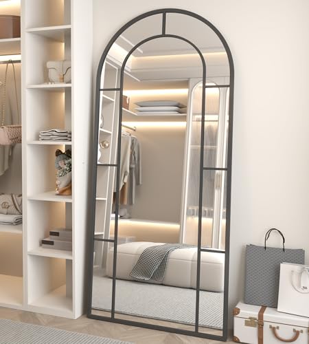 ZMYCZ Arched Full Length Mirror, 71"x32" Mirror Full Length, Oversized Floor Length Standing Mirrors, Large Body Wall Mounted Window Pane Mirrors, Hanging or Leaning (Black)