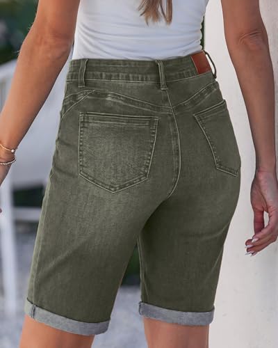 Image of luvamia Bermuda Jean Shorts Women High Rise Stretchy Cuffed Hem Denim Jorts