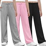 Aocku 3 Pack Girls Sweatpants Athletic Wide Leg Drawstring Joggers Pants Girls Kids Sweatpants Open Bottom Pants