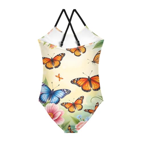 Butterfly Flowers Girls Swimsuits Quick Dry Crossback One Piece Beach Swimwear Bathing Suit2
