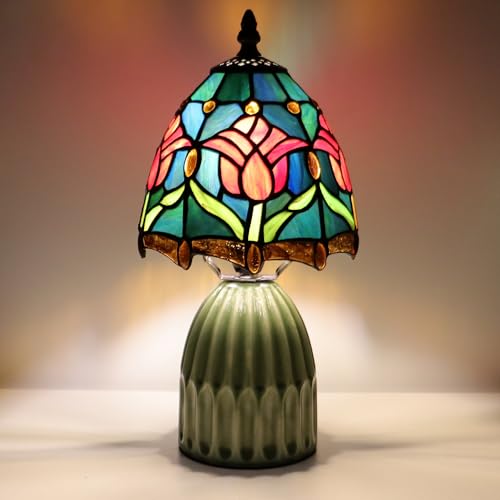 Hand-Welded Tiffany Stained-Glass Mushroom Table Lamp (12.5", Blue-Red Tulips) — view 6