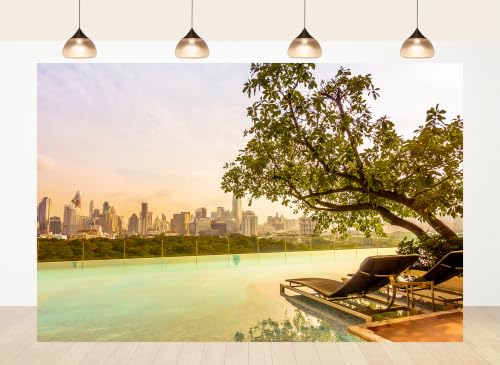 LidyMini 5x3ft Fabric Rooftop Infinity Pool City Skyline Backdrop Luxury Urban Resort Style Photography Background for Travel Shoots Party Decorations Wall Hanging Tapestry Photo Studio Props