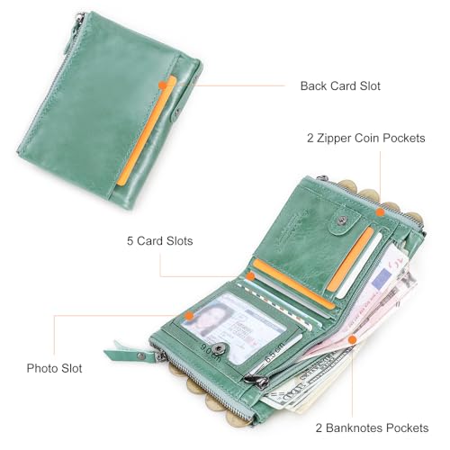 Image of CONTACTS Soft Leather Wallet for Women Small Bifold Coin Purse Double Zipper Card Holder with RFID Blocking (Teal Green)