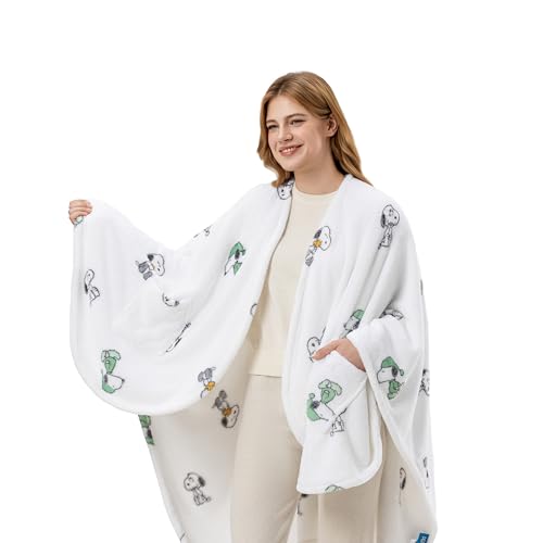 Berkshire Peanuts Wearable Throw Snoopy Print PrimaLush Plush Shawl Blanket Cozy & Stylish Wrap for Lounging Travel or Gifting 58 x 64 Snoopys Cuddly Dreams White