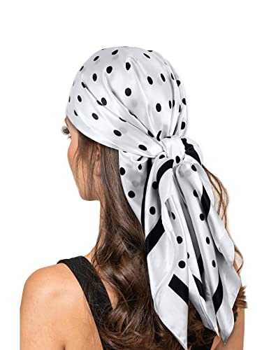Fashion Satin Square Head Scarf: 35 inch Lightweight Silk Like Neck Scarfs - Luxury Hair Bandana Neckerchief for Ladies Women, A23 - White Dot