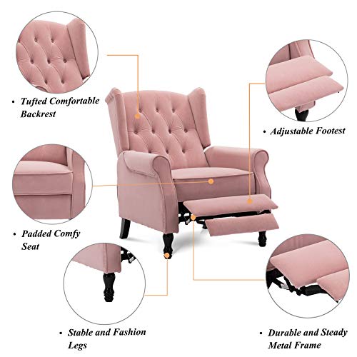 Artechworks Velvet Tufted Push Back Arm Accent Chair Recliner Single Reclining For Adjustable Club Chair Home Padded Seating Living Room Lounge Modern Sofa,Pink #TOP3