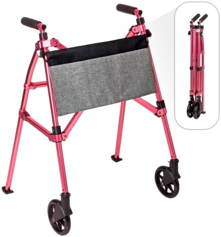 Stander EZ Fold-N-Go Walker, Lightweight Folding 2 Wheel Travel Walker for Seniors with Swivel Wheels, Regal Rose