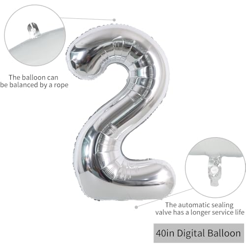 Image of TONIFUL 40 Inch Silver Number 2 Balloon Large Foil 2nd Birthday Decorations