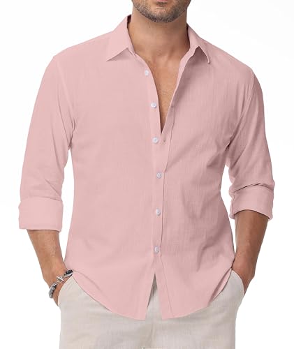 EOUOSS Linen Shirts for Men Casual Button Down Long Sleeve Shirt Solid Summer Beach Hawaiian Shirts Skin Pink Small