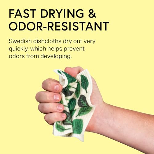 Image of Swedish Wholesale Dishcloths Reusable 8 inch x 7 inch Sponge Cloths, Bulk 10 Pack of High Absorbent Cellulose Dish & Kitchen Cleaning Hand Towels, Wring to Dry & Machine Wash, Odor Resistant, Leaves