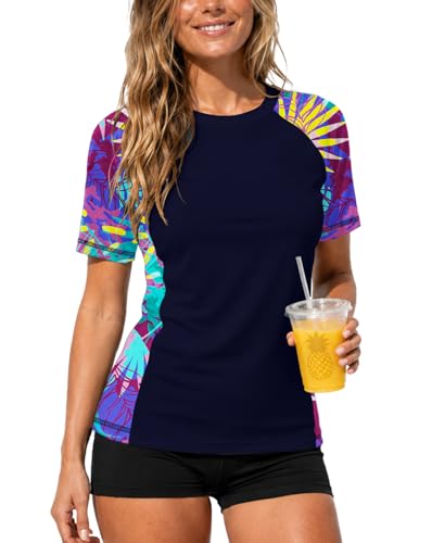 Image of AOBUTE Women Short Sleeve Rash Guard UPF 50+ Tropical Sun Protection Floral Swim Shirts