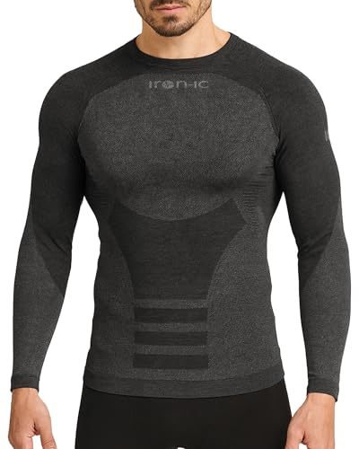 Iron-Ic - T-Shirt Uomo Maniche Lunghe Thermo Cashmere Seamless con Fitting Comfort e Struttura Traspirante per Sport Outdoor Invernali - Art. 202002 (S/M, Nero)