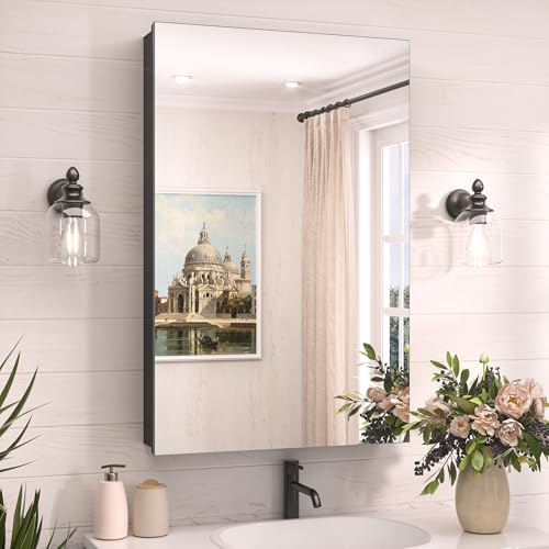 TokeShimi Armadietto da incasso per medicinali da incasso, in alluminio, con specchio da bagno senza cornice, regolabile, nero, per bagno e fattoria, dimensioni: 20 x 32 cm