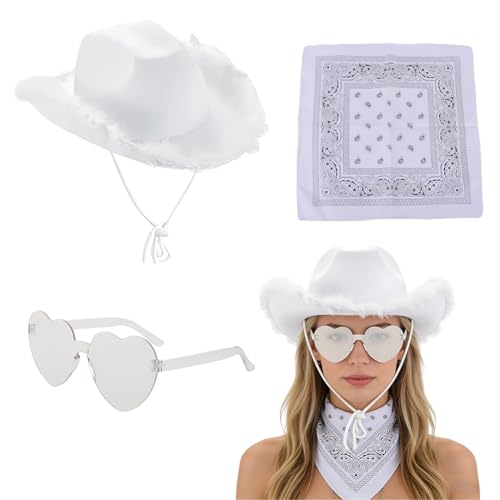 KDFSSIPE Sombrero de Vaquero Occidental, Girl's Western Cowboy Hat, Set de Sombrero Vaquero, Adecuado para Fiestas de Solteros Masculinas y Femeninas Cosplay - 3PCS (Blanco)