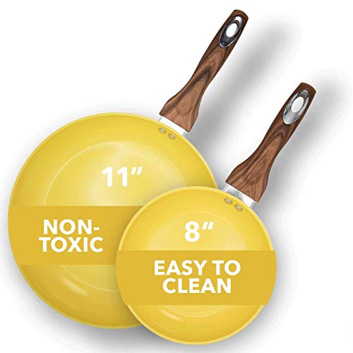 Phantom Chef Juego de sartenes de 8 y 11 pulgadas | Juego de sartenes antiadherentes de aluminio puro con revestimiento de cerámica fácil de limpiar, mango suave al tacto y fresco, sartén de PTFE