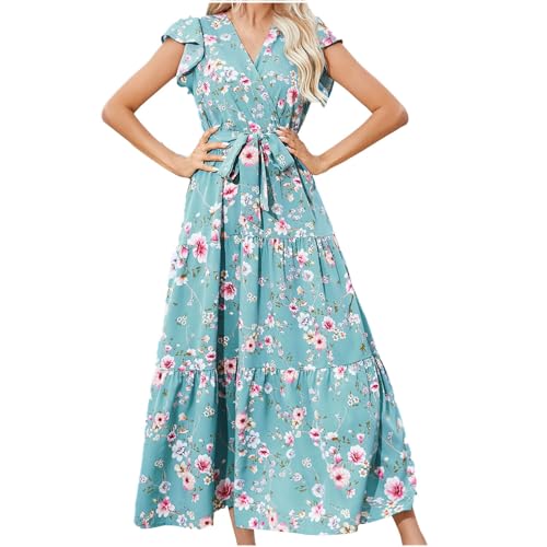 MRGIINR Vestidos bohemios de verano para mujer, estilo bohemio, con cuello en V, lazo en la cintura, dobladillo de tubo, acampanado, a la moda, estampado floral, casual, esencial para vacaciones,