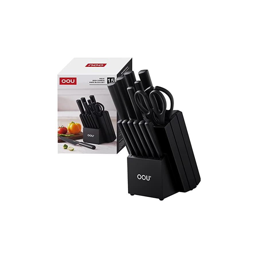 OOU Kitchen Knife Block Set - 15 Pieces High Carbon Stainless Steel Knife Block Set with Built-in Sharpening Blocks, Black