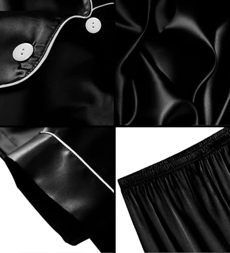 SWOMOG Girls Silk Pyjamas Short Sleeve Button-Down Sleepwear Kids 2pc Satin PJ Sets Print Pyjama Black 10-11 Years - Image 3