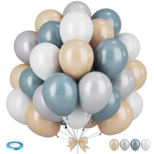 Image of Dusty Blue Neutral Balloons, 12 Inchs Baby Blue White Apricot Grey Neutral Balloons for Birthday, Bridal Shower Baby Shower Wedding Party Decoration