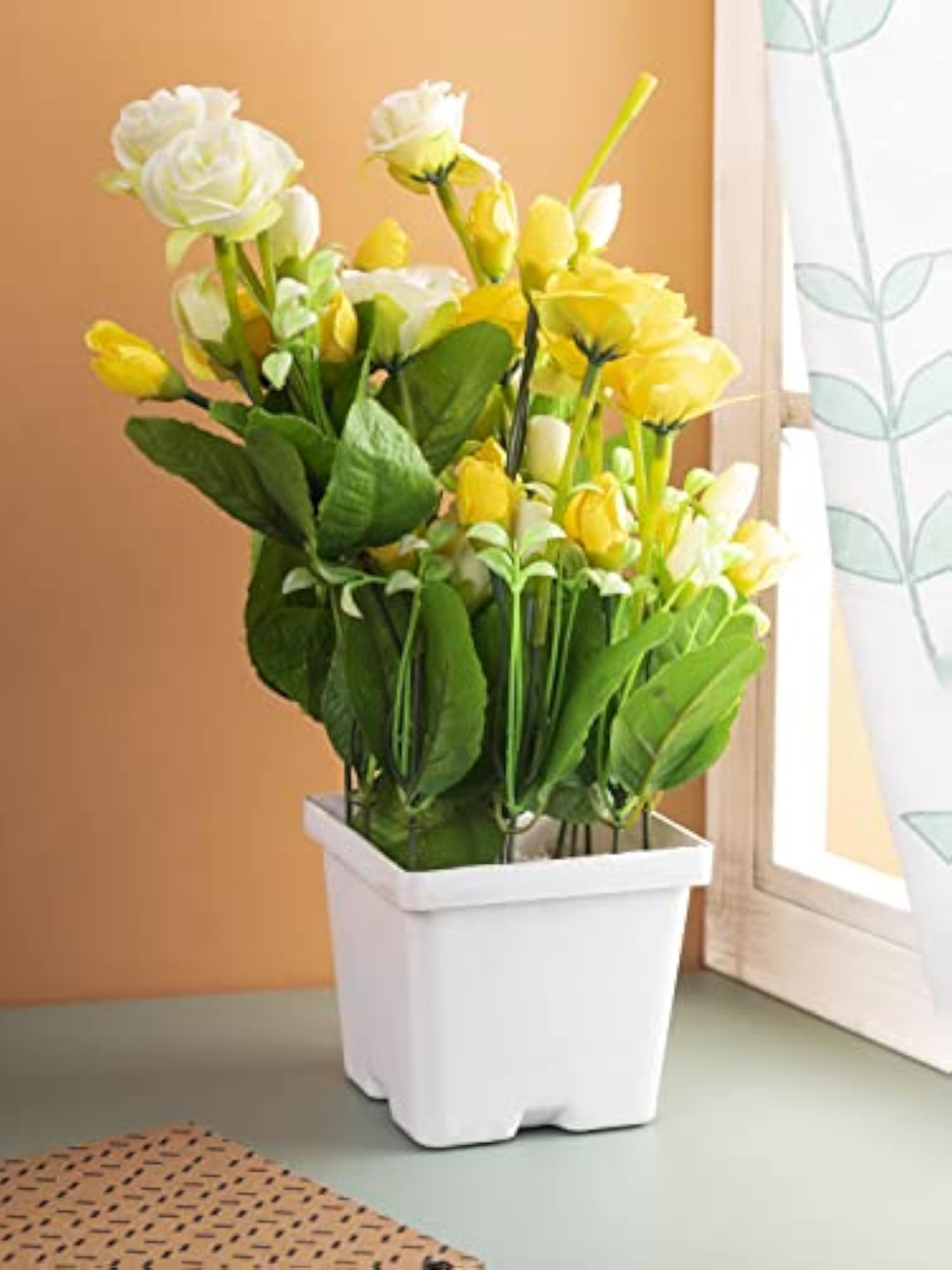 Artificial Yellow Rose Plant with White Pot
