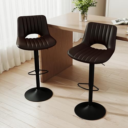 Butacos giratorios LSSBOUGHT, juego de 2 unidades, modernos y ajustables con respaldo abierto, sillas de barra de cuero sintético con elevación neumática para cocina y bar en casa, color marrón miniatura 5