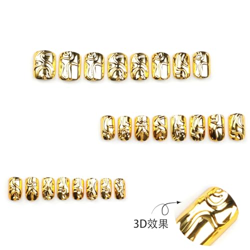 Image of Gold Nail Press ons Short Square Fake Nails 3D Line Glue on Nails with Design Glossy Full Cover False Nail Reusable Artificial Acrylic Stick on Nail for Women Girls Manicure 24Pcs