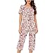 Auwer Womens Fashion Summer 2 Pc Pajamas Round Neck Short Sleeve Pleats Loose Capri Pants Printed Sleepwear with Pockets Red