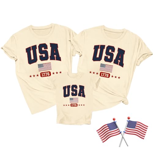 Wlen USA Shirts for Family American 1776 Boys and Girls T-Shirt 4th of July Family Matching Tee Tops Cream