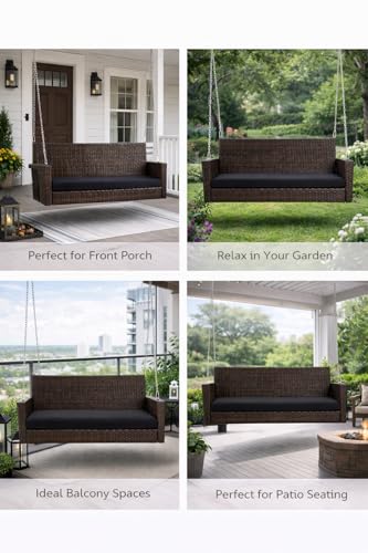 Image of Carry Bird Rattan Wicker Two Seater Swings with Cushion, Brown, 120x60x60 cm, Garden Porch Hammock for Adults (Black Cushion, 2 Seater Prouch Swing, Leather Brown Prouch Swing)