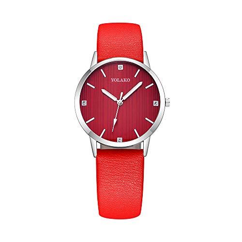 Preisvergleich Produktbild Winkey Damen-Armbanduhr, schlichtes Modeschmuck, Lederarmband, Strass-Zifferblatt, einfarbiges Armband rot
