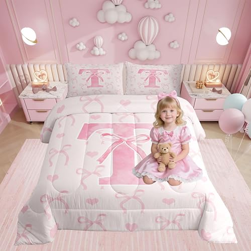 Erosebridal Pink Bow Knot Bedding Set Full Size for Women Teen Girls Girly Romantic Love Hearts Comforter Set Watercolor Letter T Comforter Soft Dreamy Princess Room Decor Fairy Duvet Quilt by Erosebridal - Used condition - US$21.52