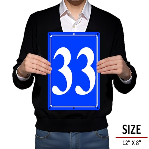Image of Premium Aluminum Number Signs 33, Metal 12 inch X 8 inch Blue Numbered Signs Outdoor for Parking Lots, Floor, Dock, Court, Aisle, Field, High Visibility, No Fade, Weather-resistant