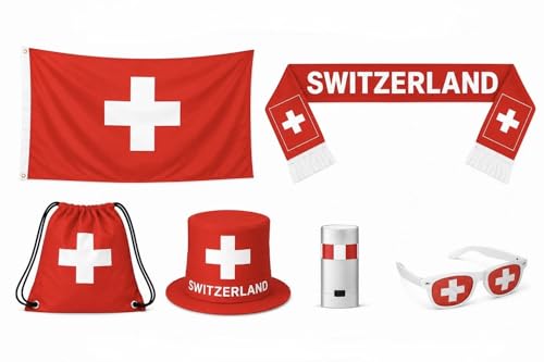 Switzerland World Cup Soccer Fan Kit – 6 Items: Flag, Scarf, Hat, Bag, Glasses, Coloring