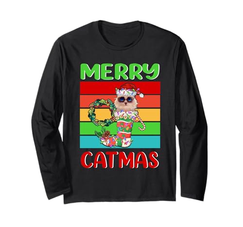 Merry Catmas Birman Christmas Cat Kitty Funny Xmas Maglia a Manica