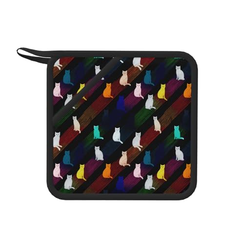 Soportes para ollas con estampado de silueta de gato colorido para cocina, soportes de silicona con lazo para colgar, almohadillas calientes antideslizantes para horno, agarraderas resistentes al