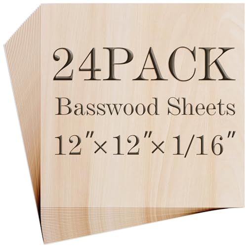 Balsa Wood Sheet, 24 Pack Plywood Sheets, Basswood Sheets 12X12X1/16 Inch, Unfinished Wood Boards Blanks for Laser Cutting, Engraving, Burning, Crafts((H305/17-24)