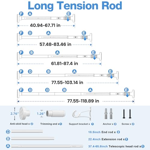Image of Long Tension Rod 41-118inch White Tension Curtain Rods no Drilling | 1.26 inch Diameter Outdoor Curtain Rod for Patio,Windows,Anywhere Heavy Duty Spring Rods Adjustable