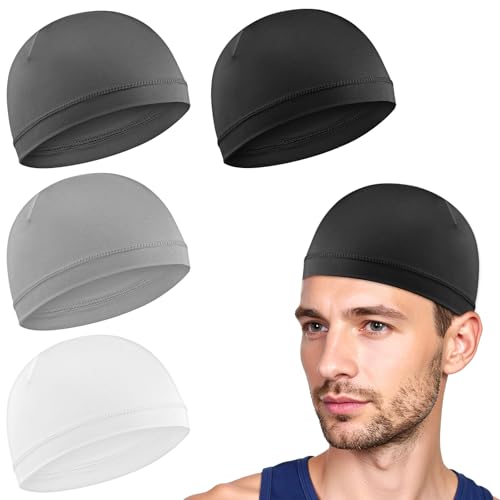 Qianyu 4pcs Summer Skull Caps Breathable Thin Sleep Hats Soft Lightweight Running Beanie Helmet Liner Stretchy Sweat Wicking Headwear Cooling Cycling Skullcap for Men Women