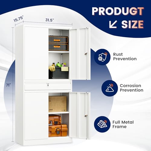 Image of Yizosh Metal Garage Storage Cabinet with Locking Doors and Adjustable Shelves, 71 inch Tool Storage Cabinet with 1 Drawer for Garage,Office,Warehouse (White)