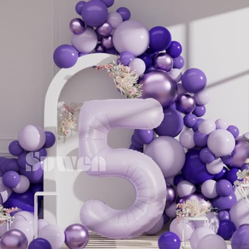 Image of SUWEN 40 Inch Light Purple Large 5 Balloon Number Big Foil Helium Lavender Number Balloons Huge Mylar 0-9 Giant Jumbo Happy 5th Birthday Party Anniversary Decorations