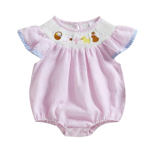 Image of Kayotuas Newborn Baby Girls Smocked Bubble Romper Cute Embroidery Ruffle Gingham Bodysuit Dress Infant Toddler Summer Clothes