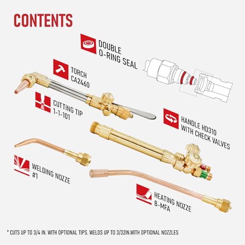 RX WELD Heavy Duty Oxy Acetylene Torch with Check Valves, Cutting Tip 1-1-101 and 8-MFA Heating Nozzle, CA2460 Cutting Attachment - Thumbnail 3