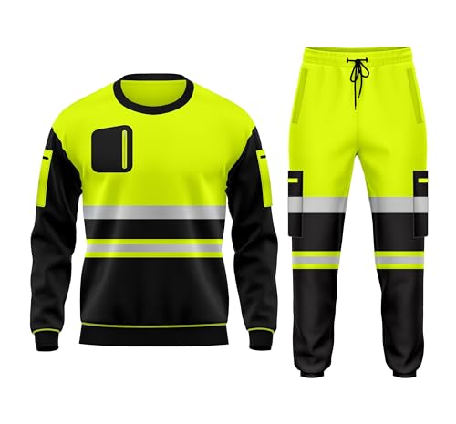 Hi Vis Workwear - Conjunto de chándal de forro polar, dobladillo abierto, pantalones con puños, bolsillos con cordón, manga larga, sudadera de seguridad superior e inferior, Amarillo y negro., XL