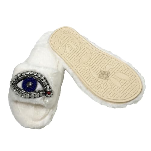 Women's Beaded Evil Eye & Rhinestone Plush Faux Fur Slide Slippers2