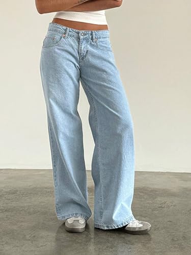 Women Straight Wide Leg Jeans Low Waist Zipper Button Solid Boyfriend Denim Pants with Pockets Streetwearear2